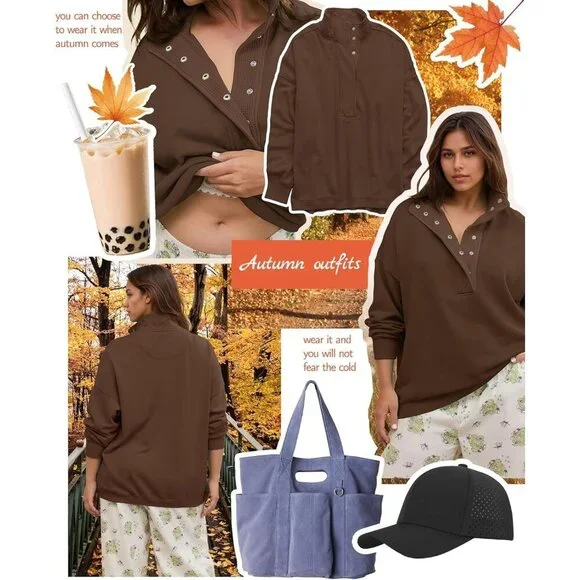 Women's Coffee Oversized Casual Long Sleeve Henley Neck Pullover Sweatshirt - Picture 4 of 6